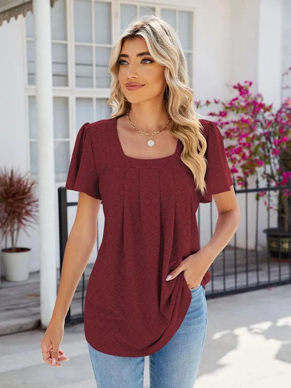 Chic Square Neck Bell Sleeve Pleated Top - Women's Fashionable and Comfortable T-Shirt