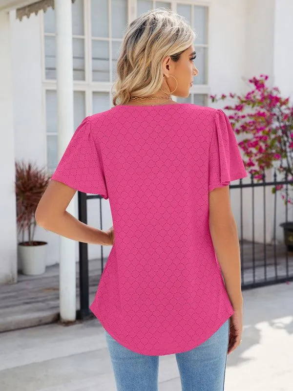 Chic Square Neck Bell Sleeve Pleated Top - Women's Fashionable and Comfortable T-Shirt