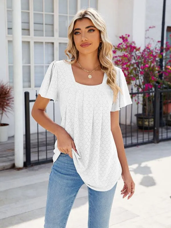 Chic Square Neck Bell Sleeve Pleated Top - Women's Fashionable and Comfortable T-Shirt