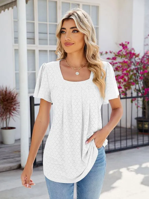 Chic Square Neck Bell Sleeve Pleated Top - Women's Fashionable and Comfortable T-Shirt