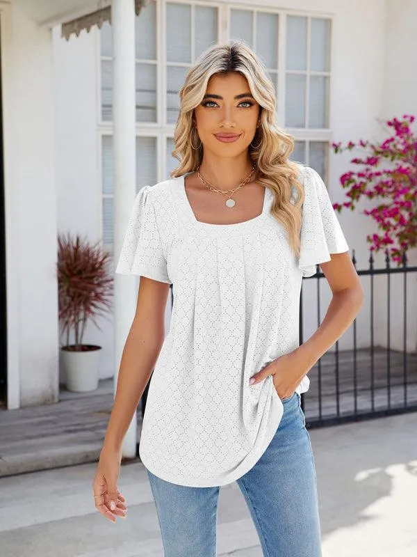 Chic Square Neck Bell Sleeve Pleated Top - Women's Fashionable and Comfortable T-Shirt