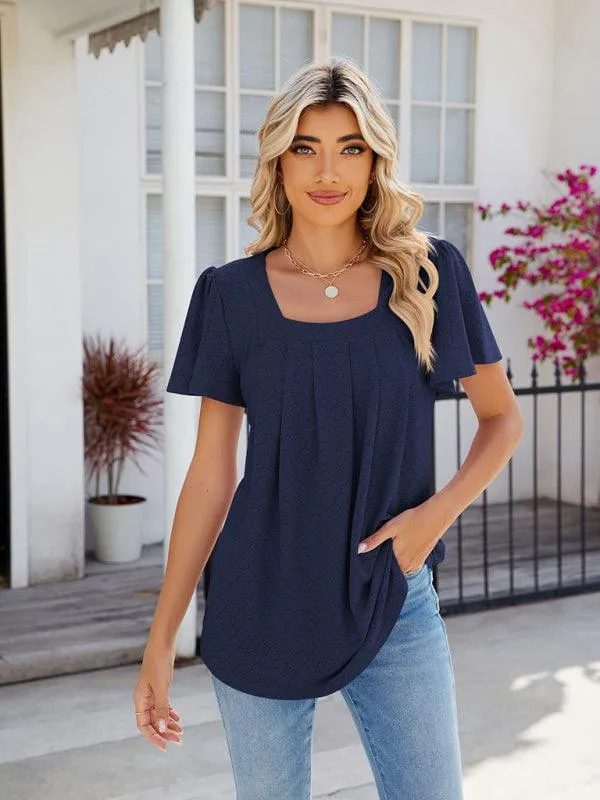 Chic Square Neck Bell Sleeve Pleated Top - Women's Fashionable and Comfortable T-Shirt