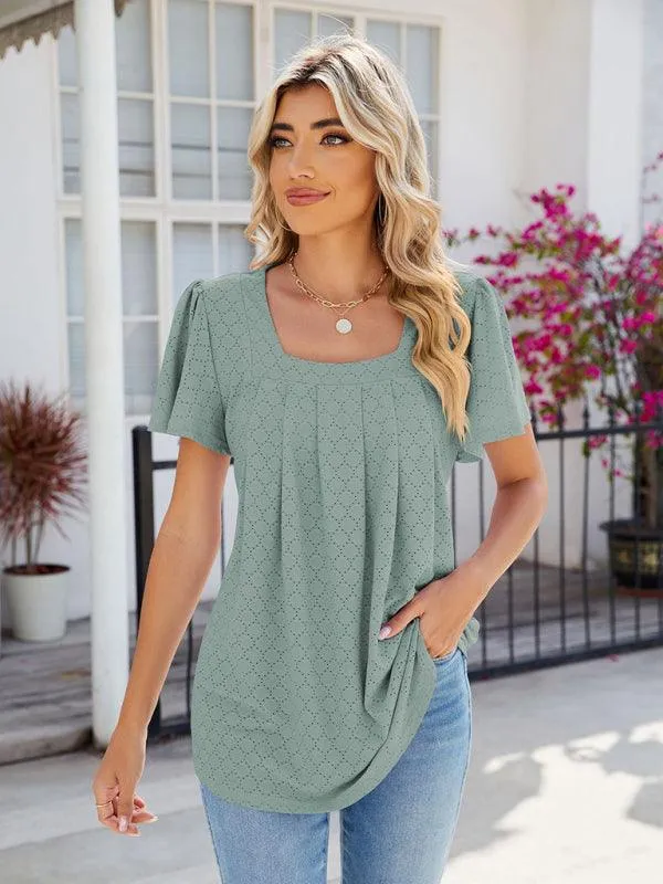 Chic Square Neck Bell Sleeve Pleated Top - Women's Fashionable and Comfortable T-Shirt