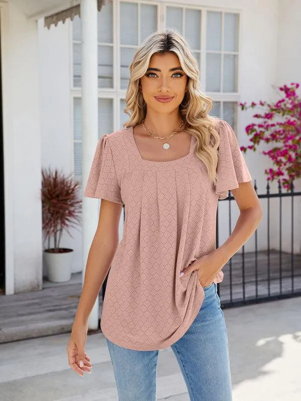 Chic Square Neck Bell Sleeve Pleated Top - Women's Fashionable and Comfortable T-Shirt