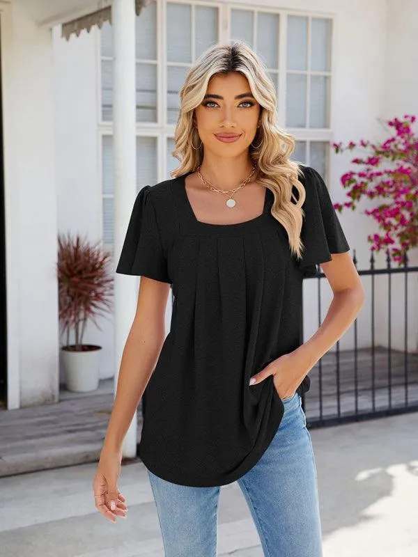 Chic Square Neck Bell Sleeve Pleated Top - Women's Fashionable and Comfortable T-Shirt