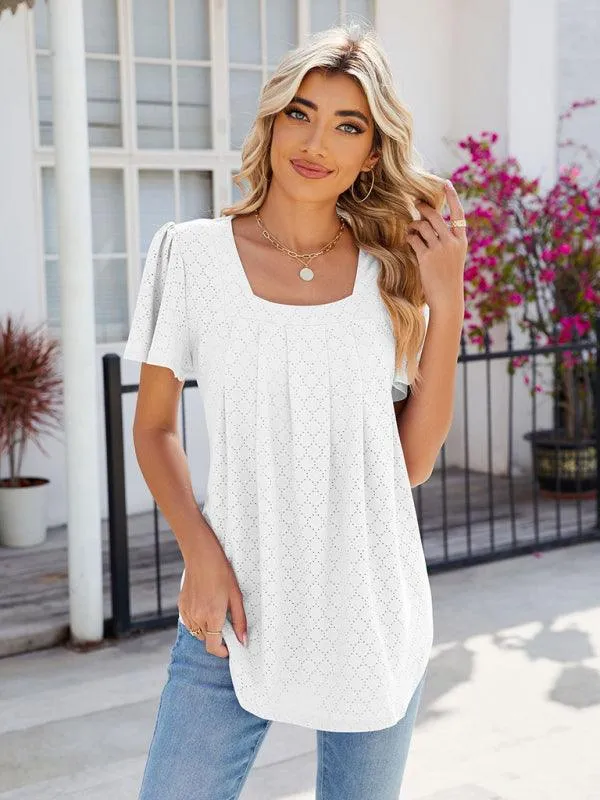 Chic Square Neck Bell Sleeve Pleated Top - Women's Fashionable and Comfortable T-Shirt