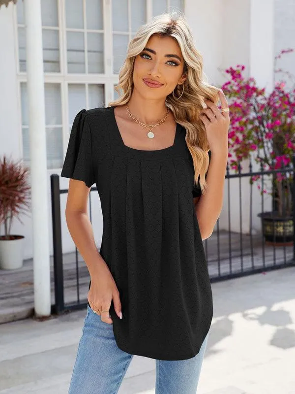 Chic Square Neck Bell Sleeve Pleated Top - Women's Fashionable and Comfortable T-Shirt
