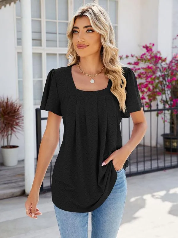 Chic Square Neck Bell Sleeve Pleated Top - Women's Fashionable and Comfortable T-Shirt