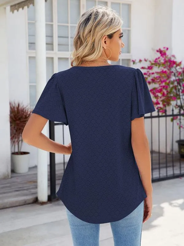 Chic Square Neck Bell Sleeve Pleated Top - Women's Fashionable and Comfortable T-Shirt