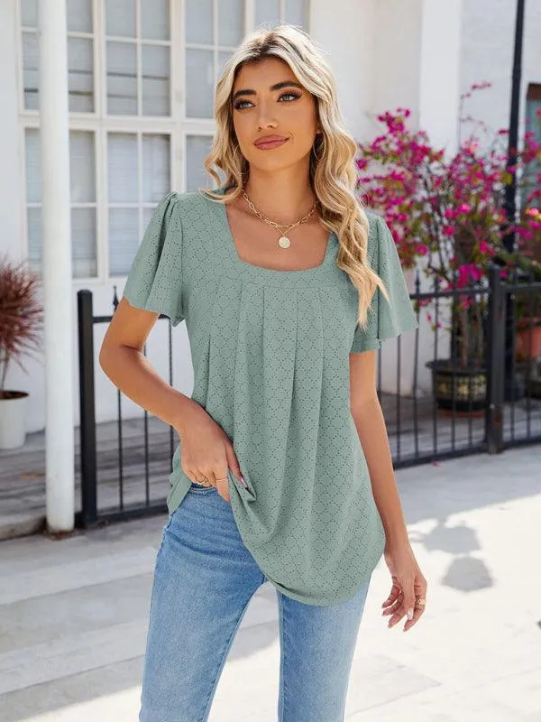 Chic Square Neck Bell Sleeve Pleated Top - Women's Fashionable and Comfortable T-Shirt