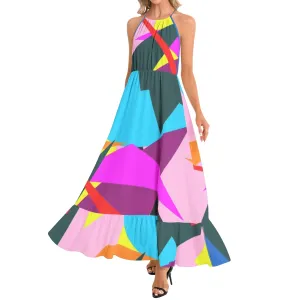 Confetti Burst Ruffle Hem Halter Neck Maxi Dress