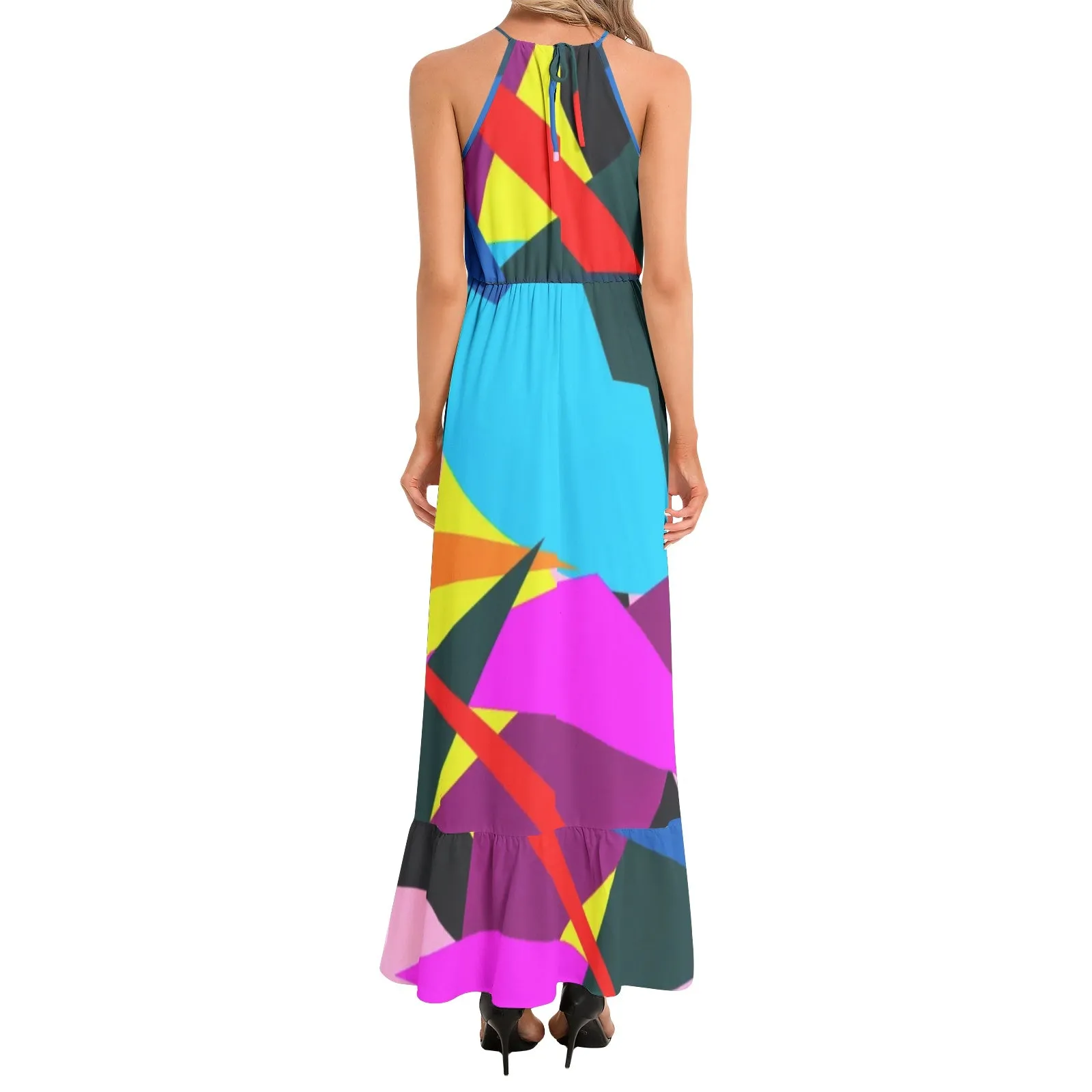Confetti Burst Ruffle Hem Halter Neck Maxi Dress