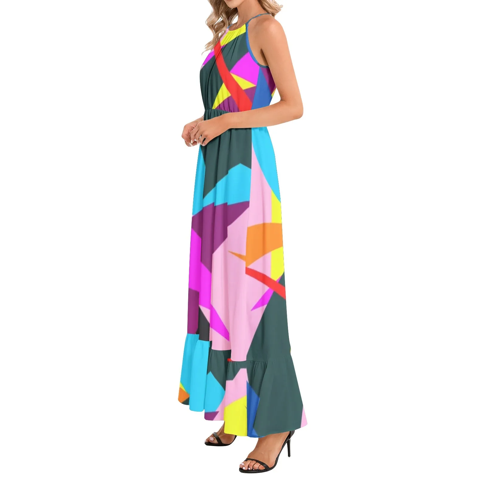 Confetti Burst Ruffle Hem Halter Neck Maxi Dress
