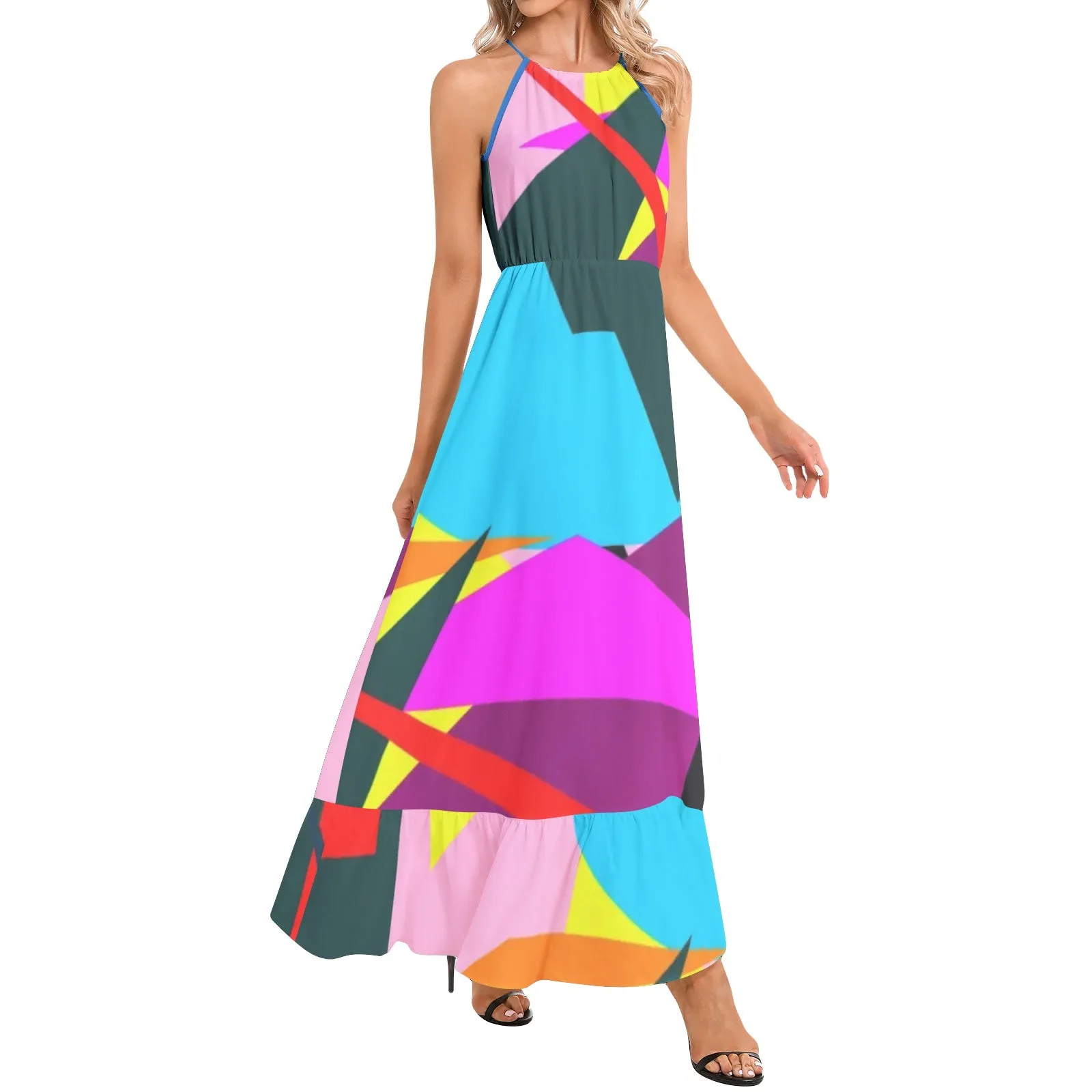 Confetti Burst Ruffle Hem Halter Neck Maxi Dress