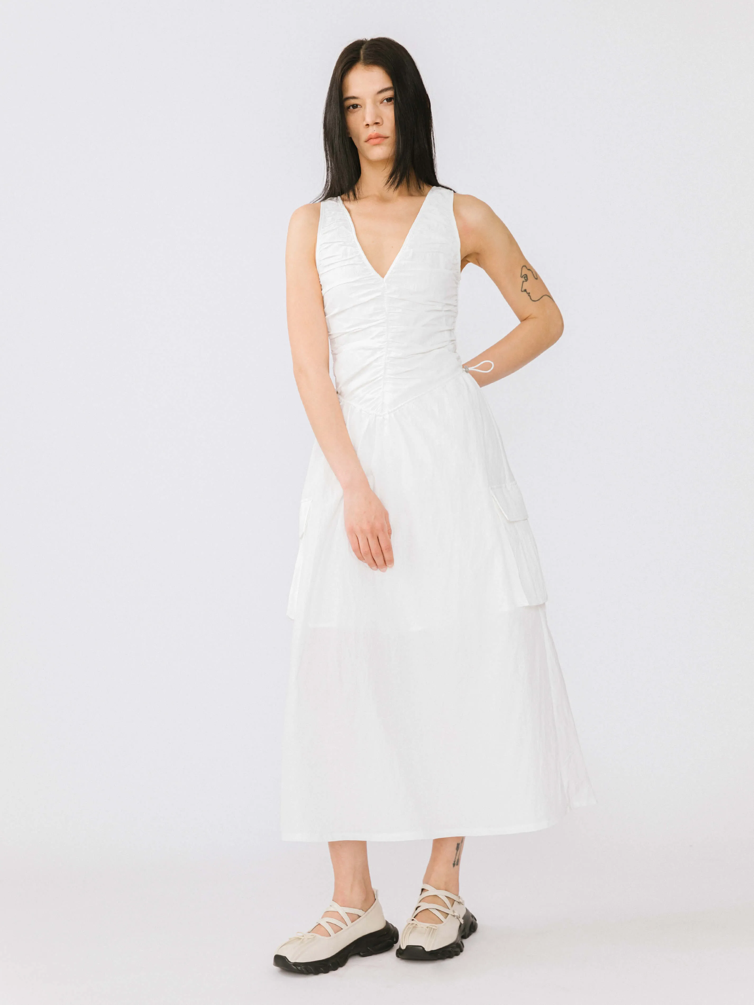 Drawstring Pleated V-Neck Sleeveless Dress