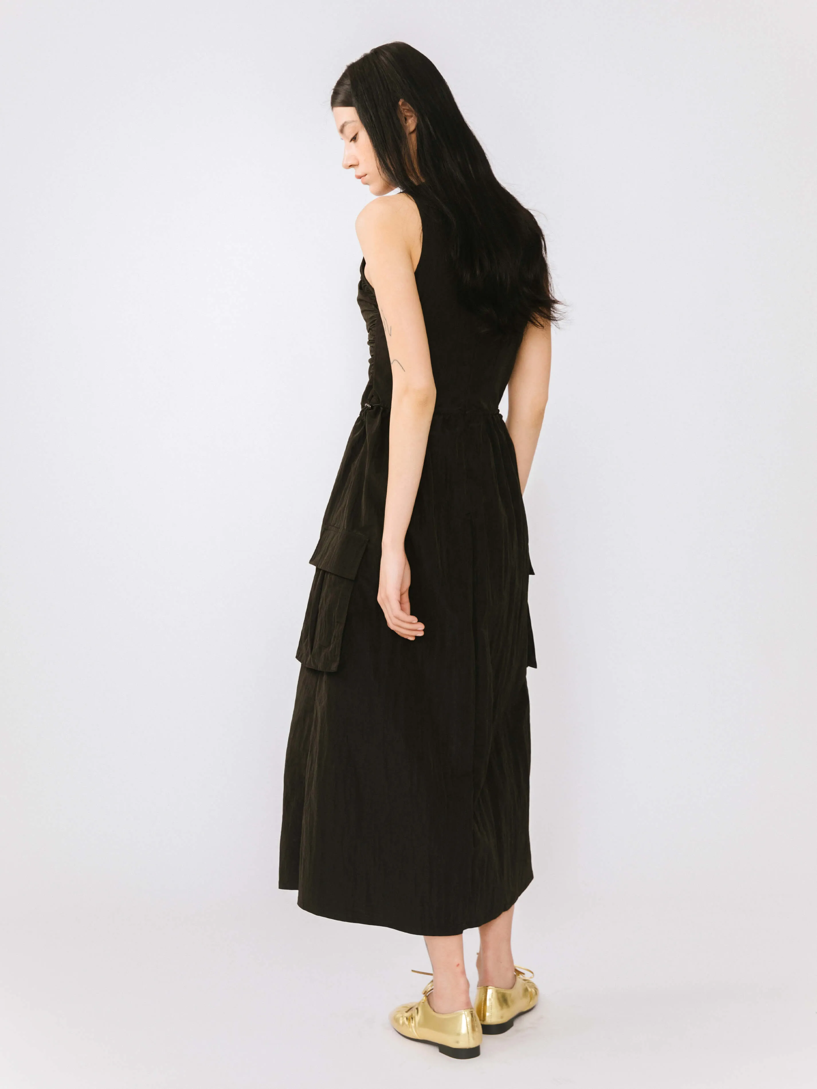 Drawstring Pleated V-Neck Sleeveless Dress