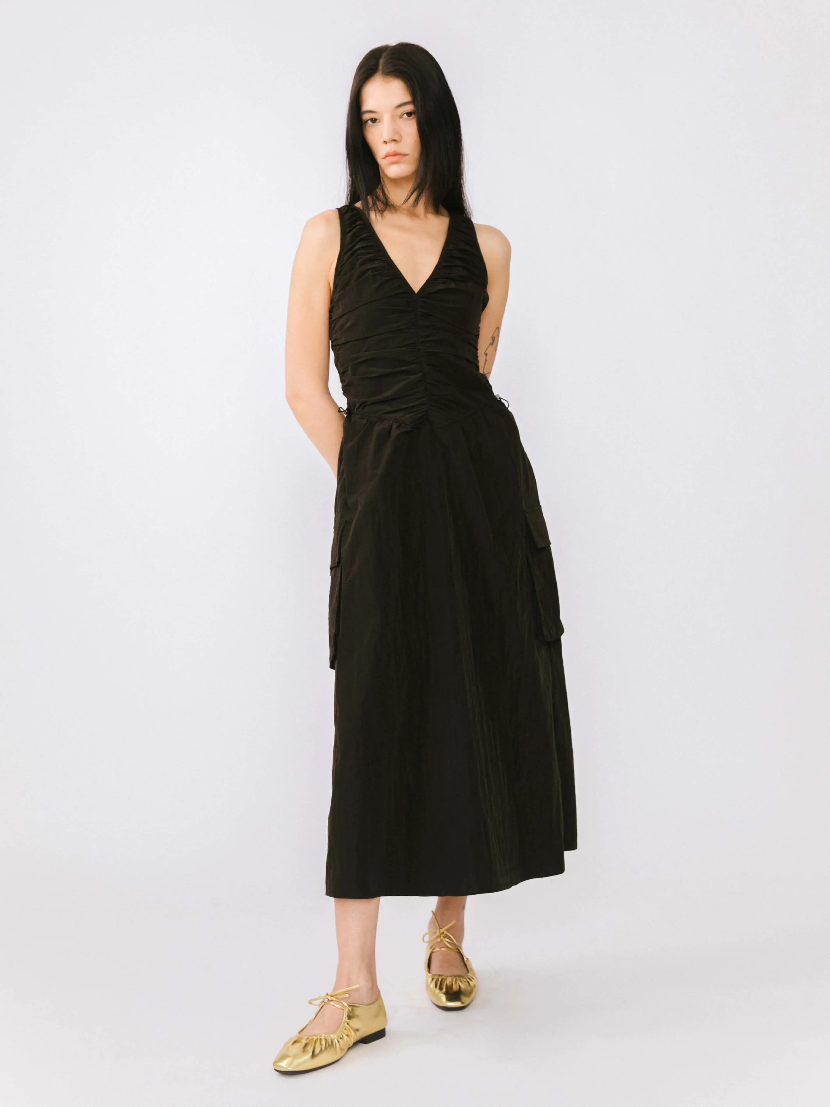 Drawstring Pleated V-Neck Sleeveless Dress
