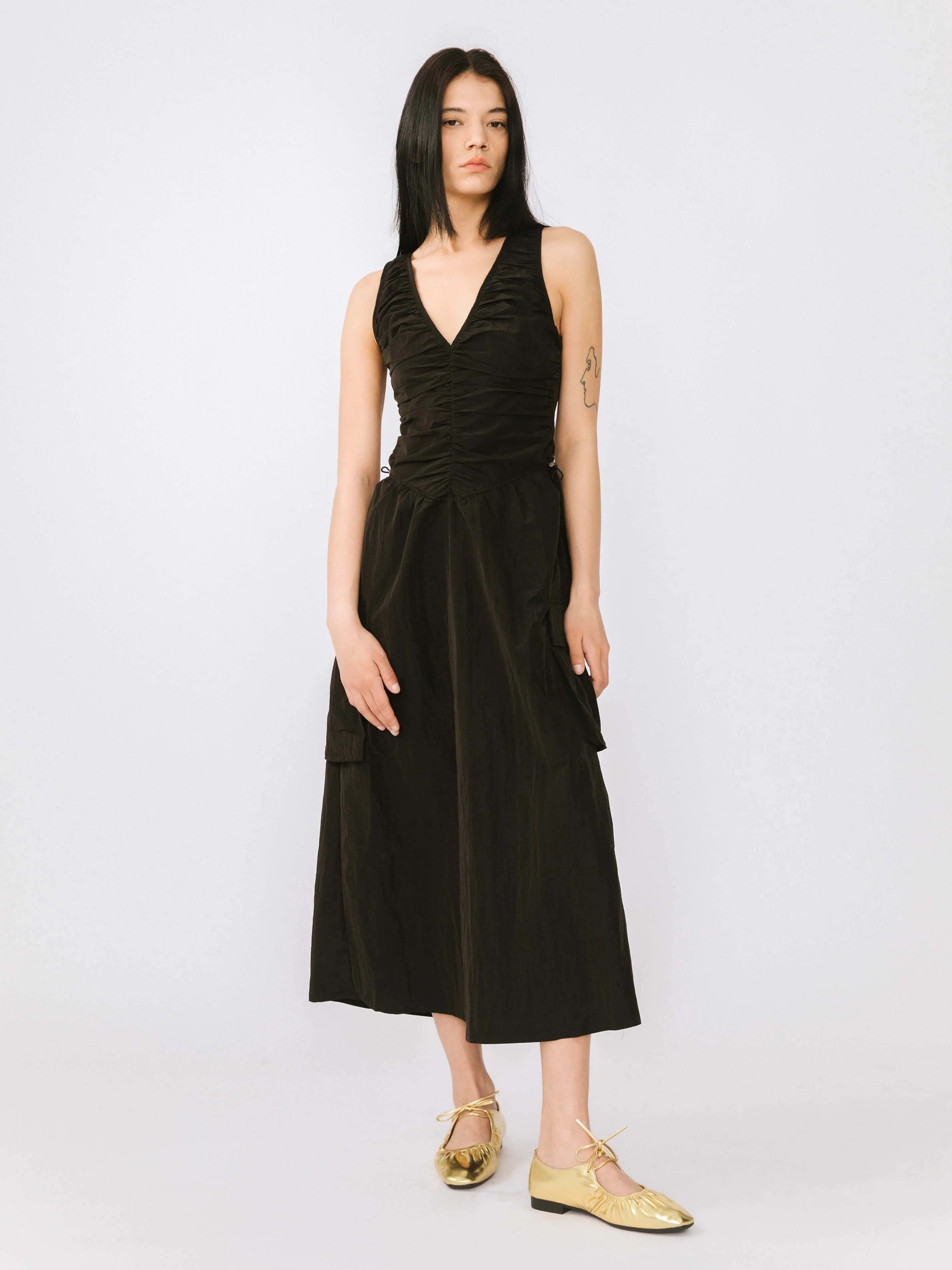Drawstring Pleated V-Neck Sleeveless Dress