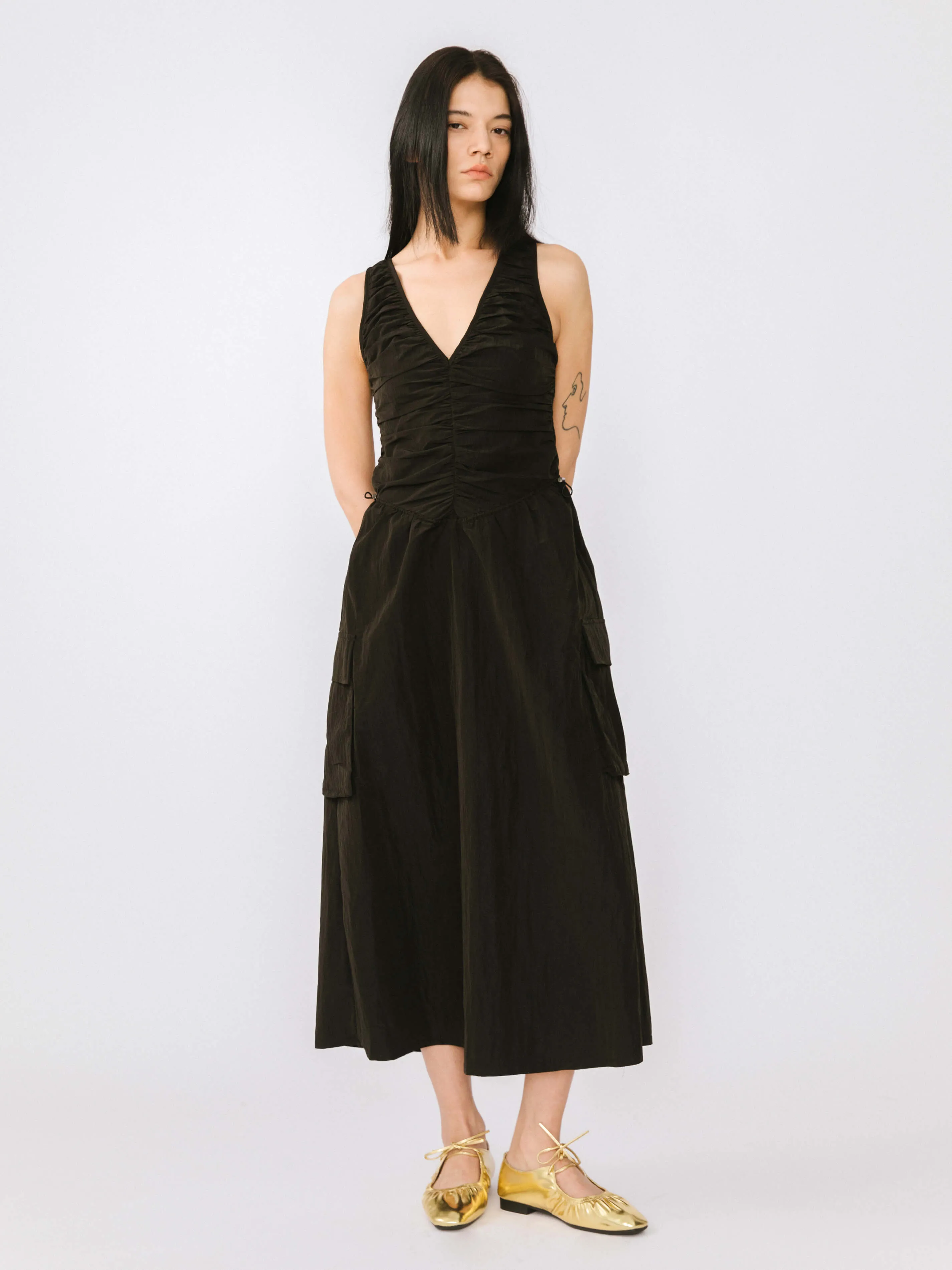Drawstring Pleated V-Neck Sleeveless Dress