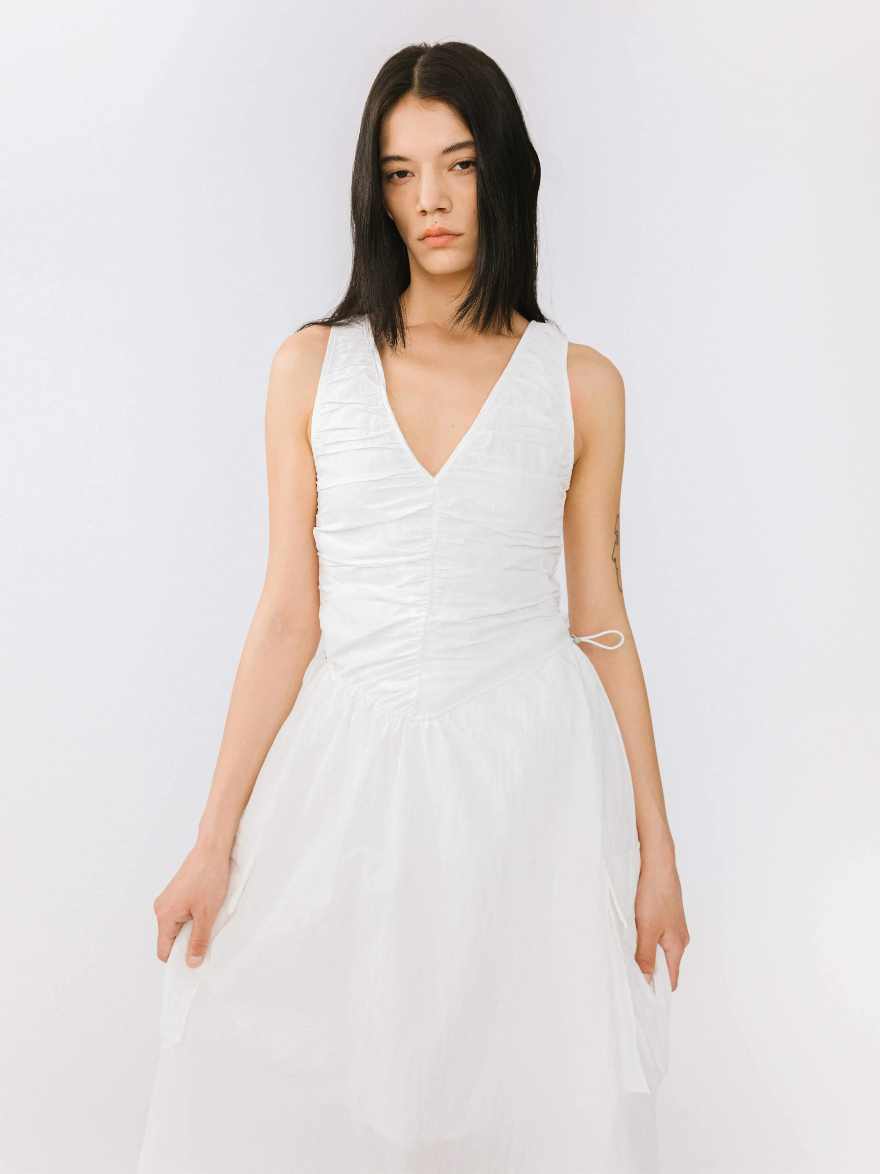 Drawstring Pleated V-Neck Sleeveless Dress