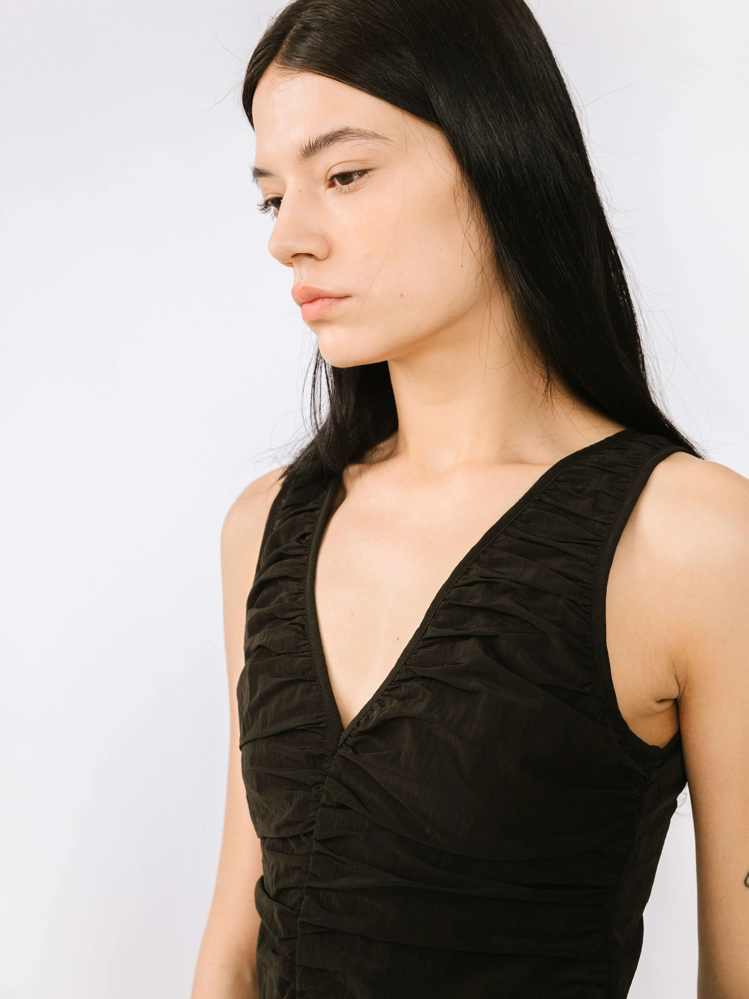 Drawstring Pleated V-Neck Sleeveless Dress
