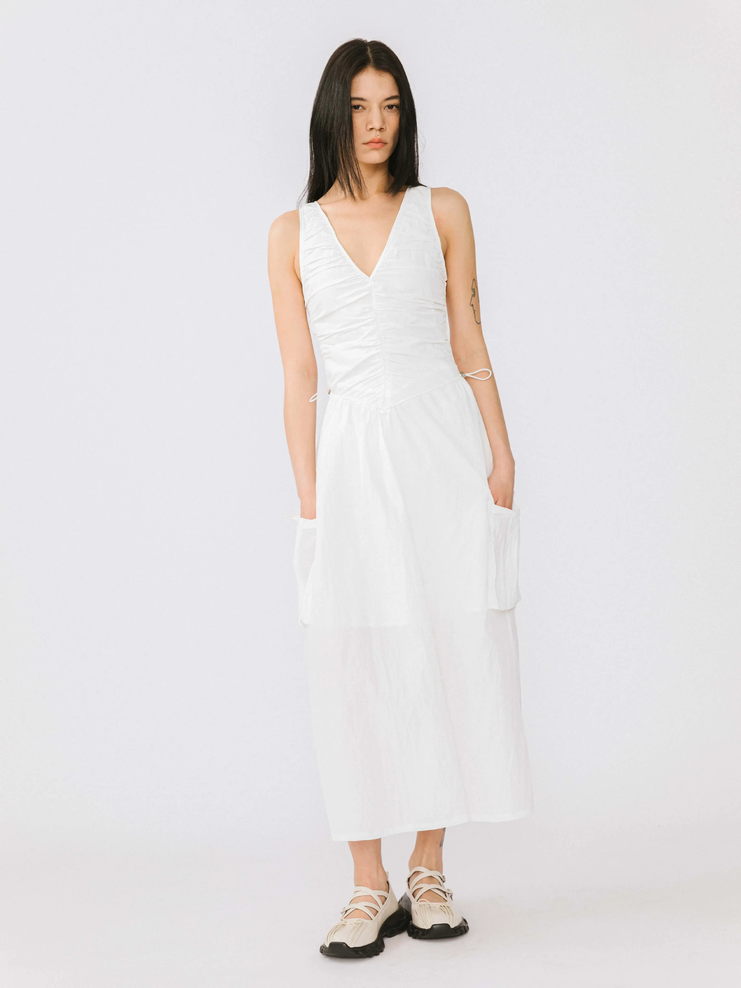 Drawstring Pleated V-Neck Sleeveless Dress