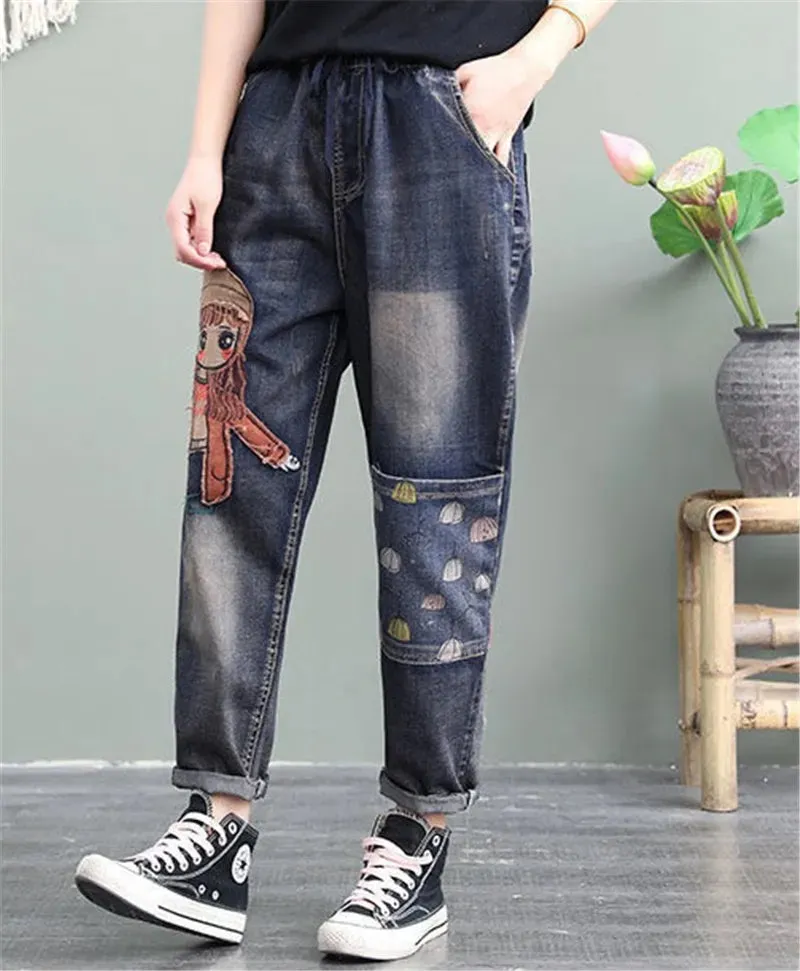 Elastic Waist Jeans Retro Jeans Female Girl Patch Pocket Embroidery