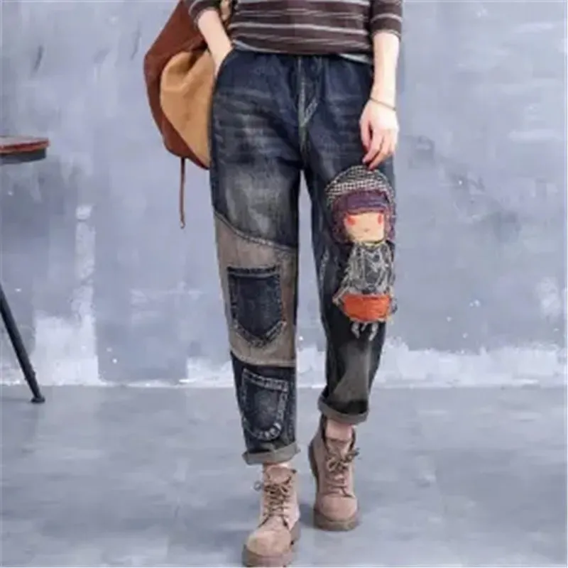 Elastic Waist Jeans Retro Jeans Female Girl Patch Pocket Embroidery