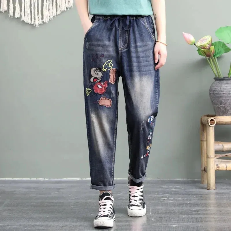 Elastic Waist Jeans Retro Jeans Female Girl Patch Pocket Embroidery