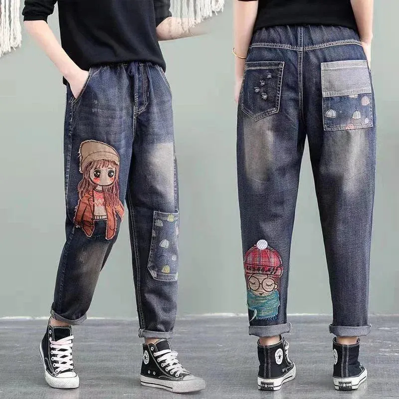 Elastic Waist Jeans Retro Jeans Female Girl Patch Pocket Embroidery