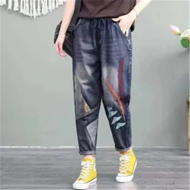 Elastic Waist Jeans Retro Jeans Female Girl Patch Pocket Embroidery