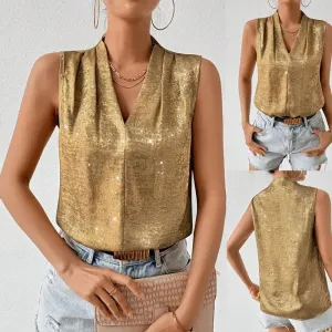 Elegant European and American V-neck Loose Sleeveless Top for Women – Casual and Formal Chic, Comfortable V-neck Loose Fit Sleeveless Women’s Blouse