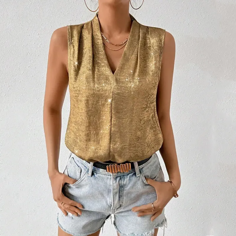 Elegant European and American V-neck Loose Sleeveless Top for Women – Casual and Formal Chic, Comfortable V-neck Loose Fit Sleeveless Women’s Blouse