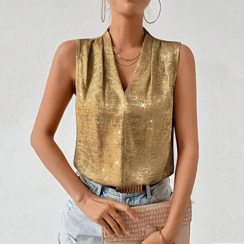 Elegant European and American V-neck Loose Sleeveless Top for Women – Casual and Formal Chic, Comfortable V-neck Loose Fit Sleeveless Women’s Blouse