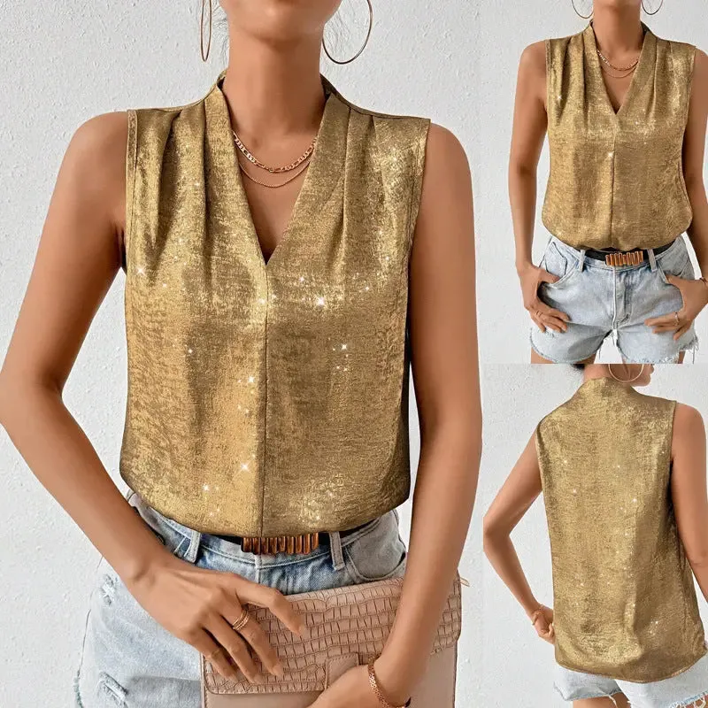 Elegant European and American V-neck Loose Sleeveless Top for Women – Casual and Formal Chic, Comfortable V-neck Loose Fit Sleeveless Women’s Blouse