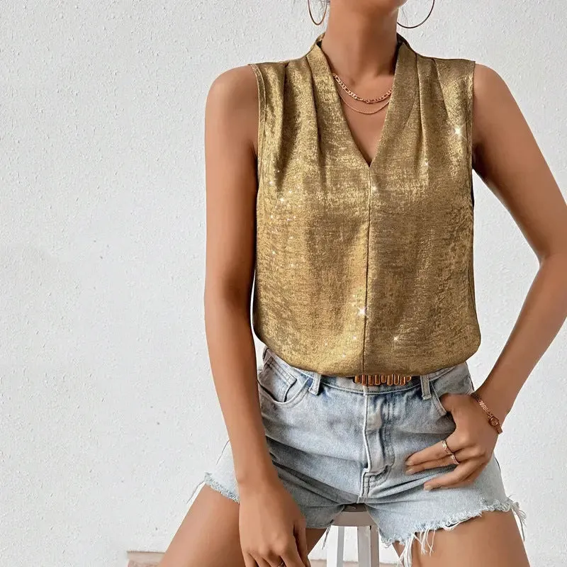 Elegant European and American V-neck Loose Sleeveless Top for Women – Casual and Formal Chic, Comfortable V-neck Loose Fit Sleeveless Women’s Blouse