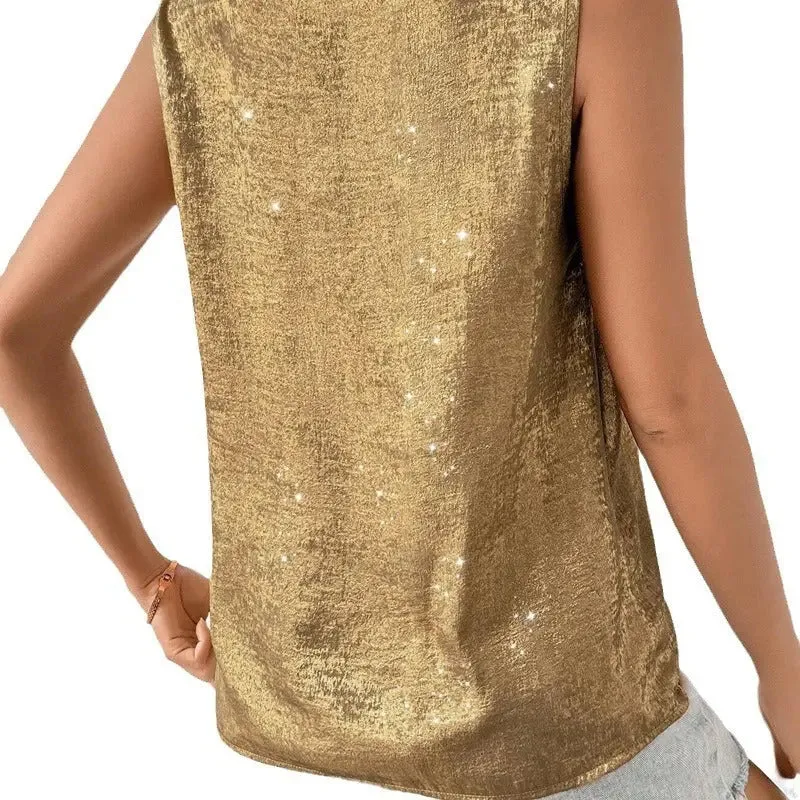 Elegant European and American V-neck Loose Sleeveless Top for Women – Casual and Formal Chic, Comfortable V-neck Loose Fit Sleeveless Women’s Blouse