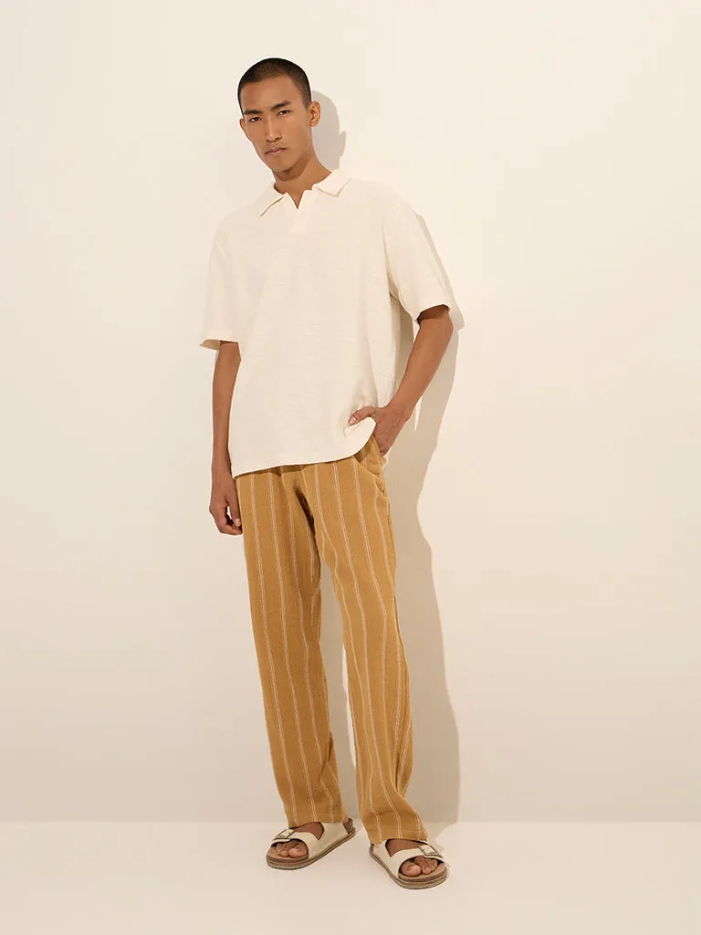 ETA Mustard Striped Relaxed-Fit Mid-Rise Cotton Chinos