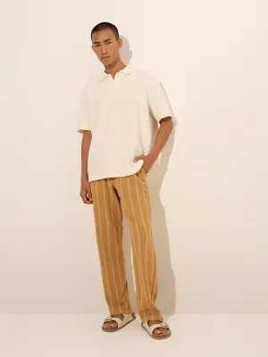 ETA Mustard Striped Relaxed-Fit Mid-Rise Cotton Chinos