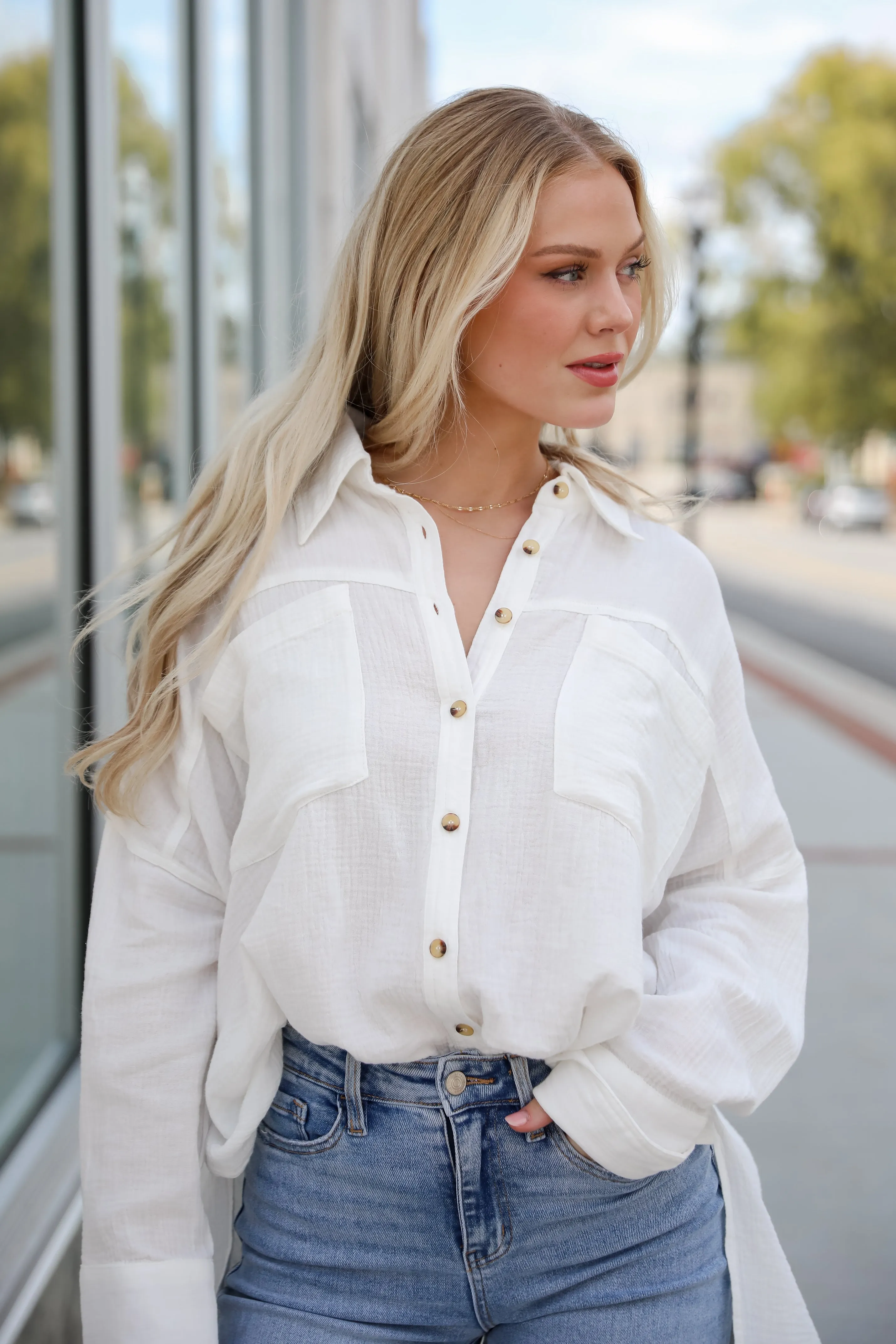 FINAL SALE - Adorable Attention White Linen Button-Up Blouse