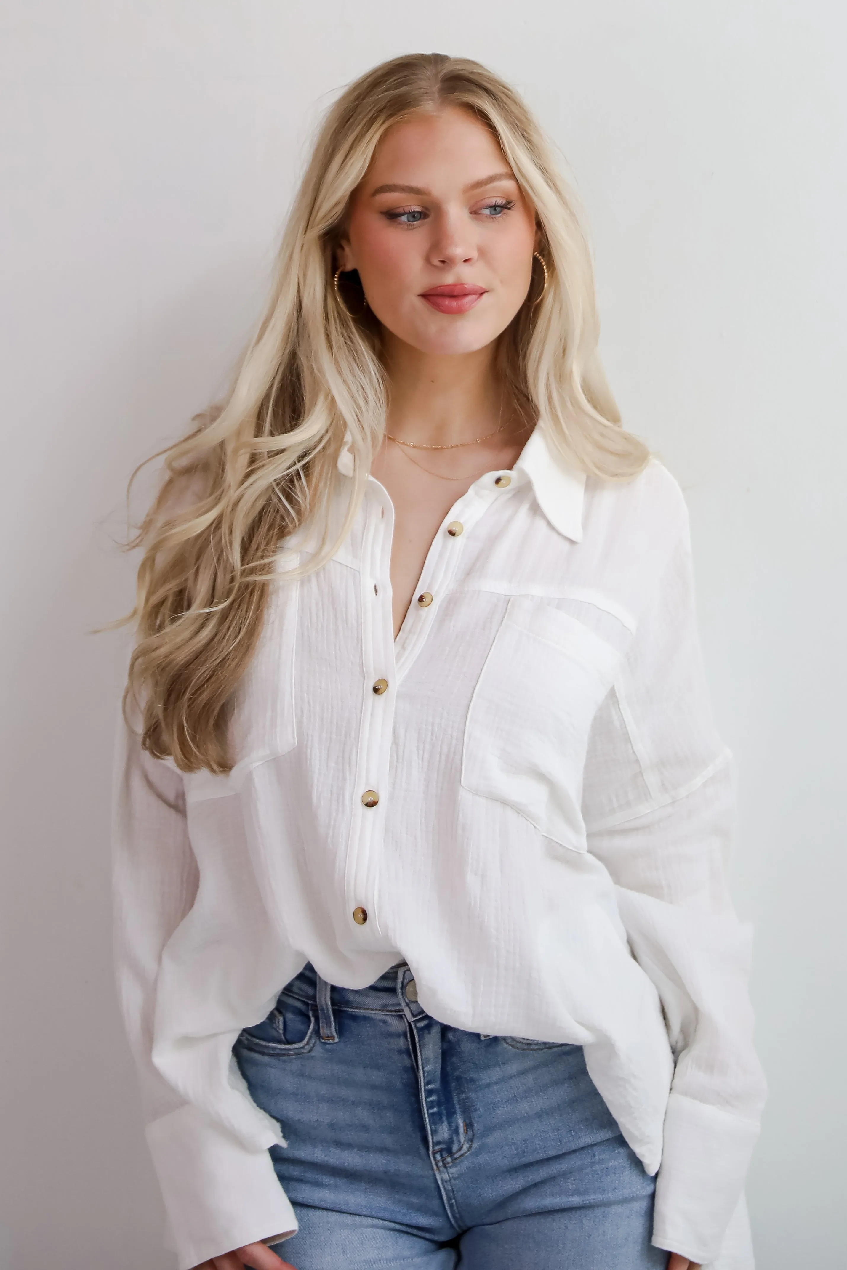 FINAL SALE - Adorable Attention White Linen Button-Up Blouse