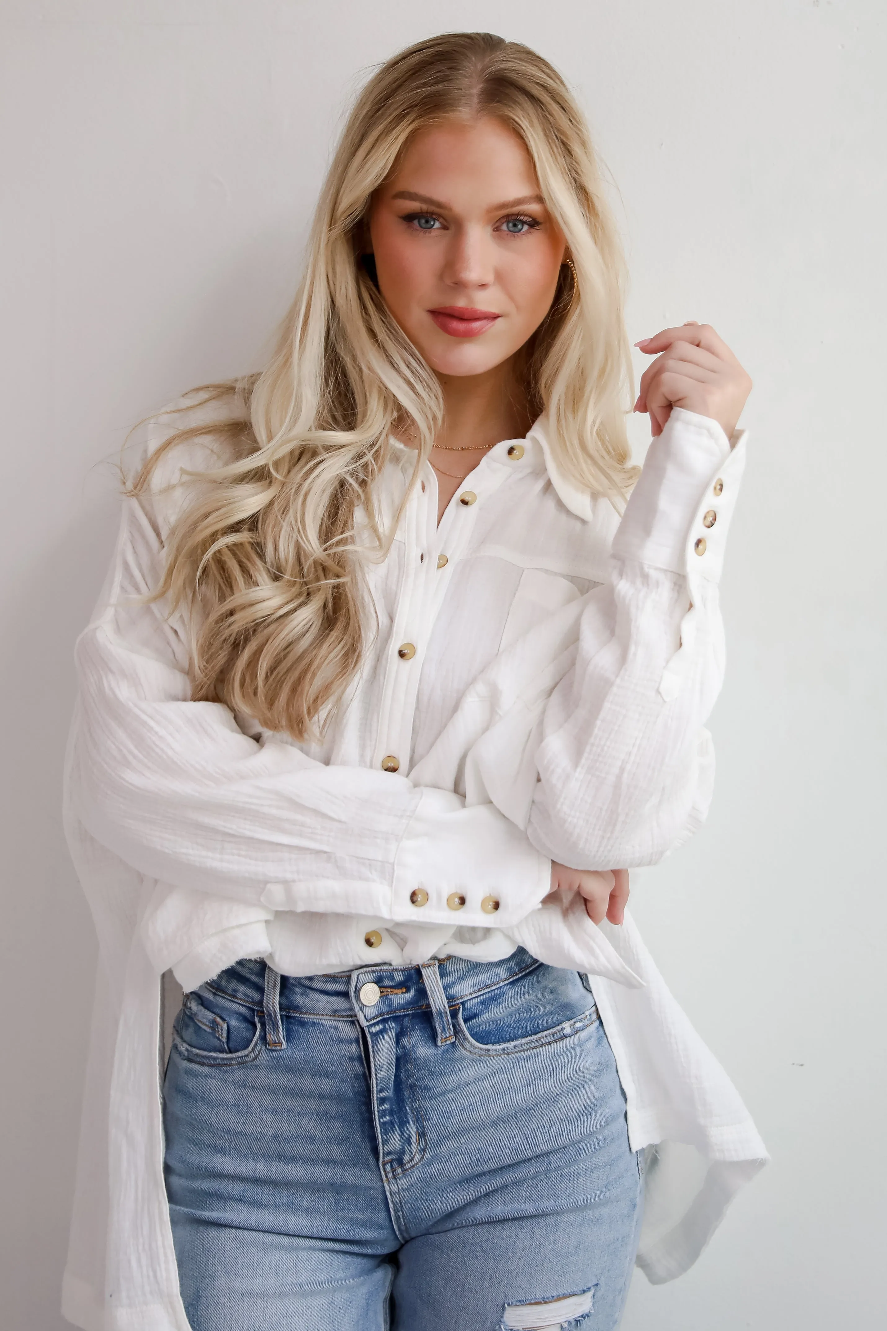 FINAL SALE - Adorable Attention White Linen Button-Up Blouse