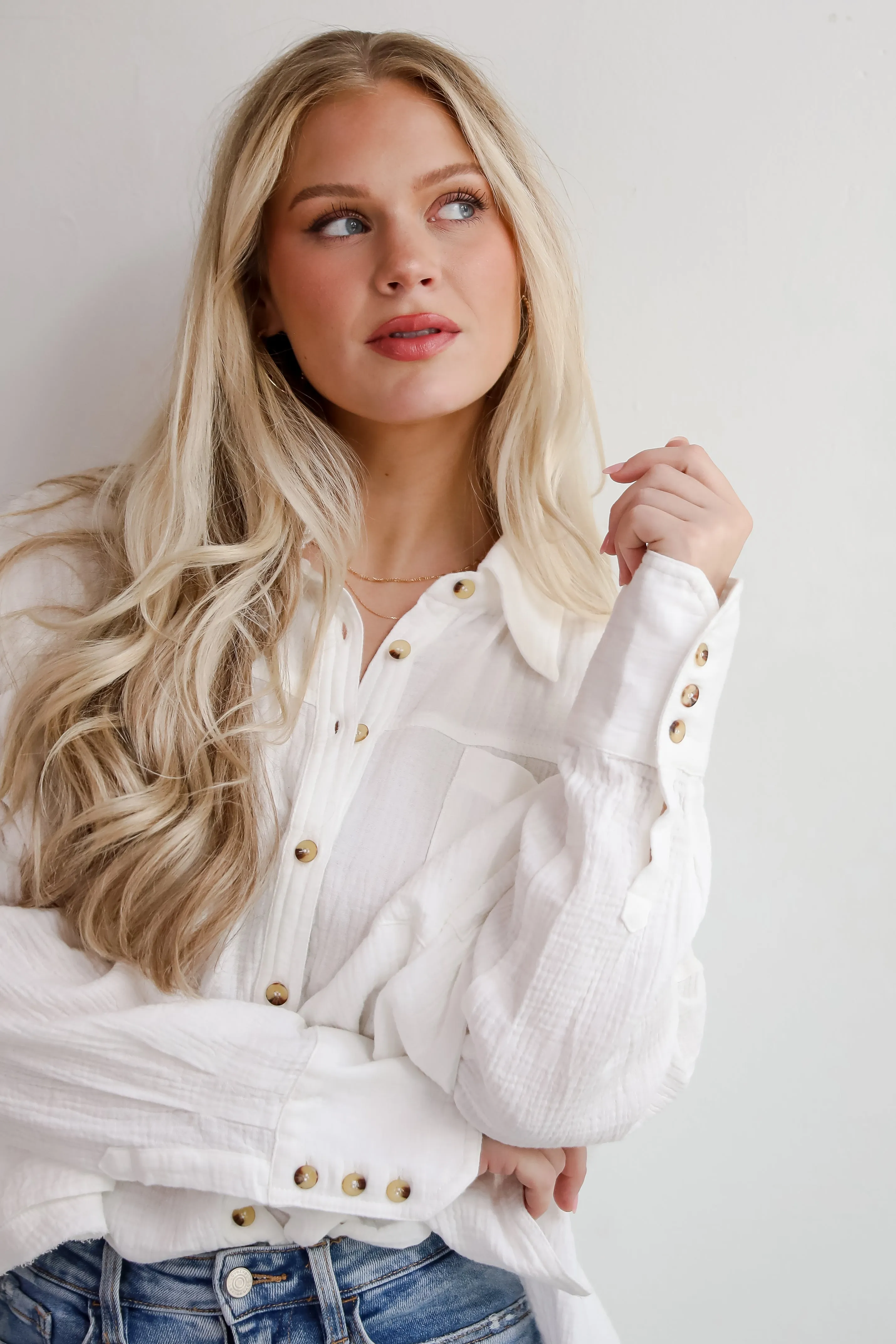 FINAL SALE - Adorable Attention White Linen Button-Up Blouse