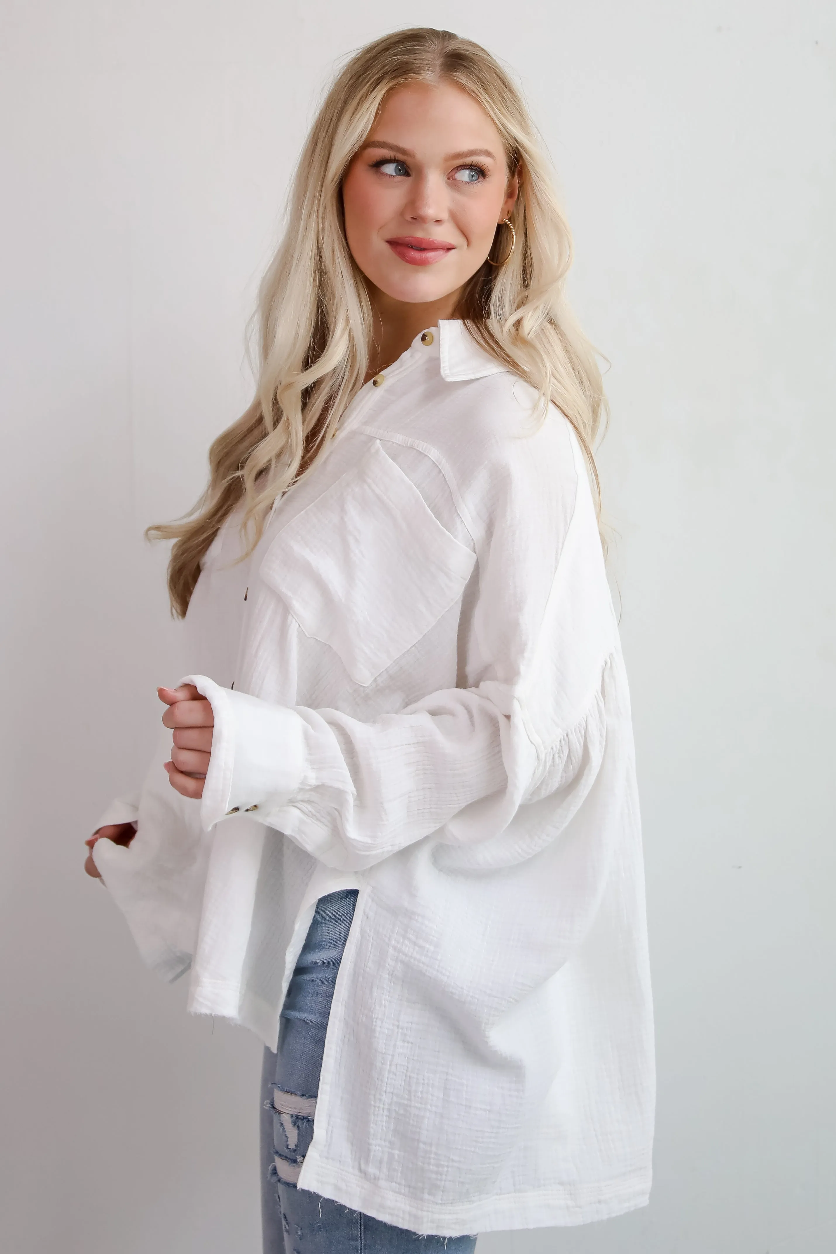 FINAL SALE - Adorable Attention White Linen Button-Up Blouse