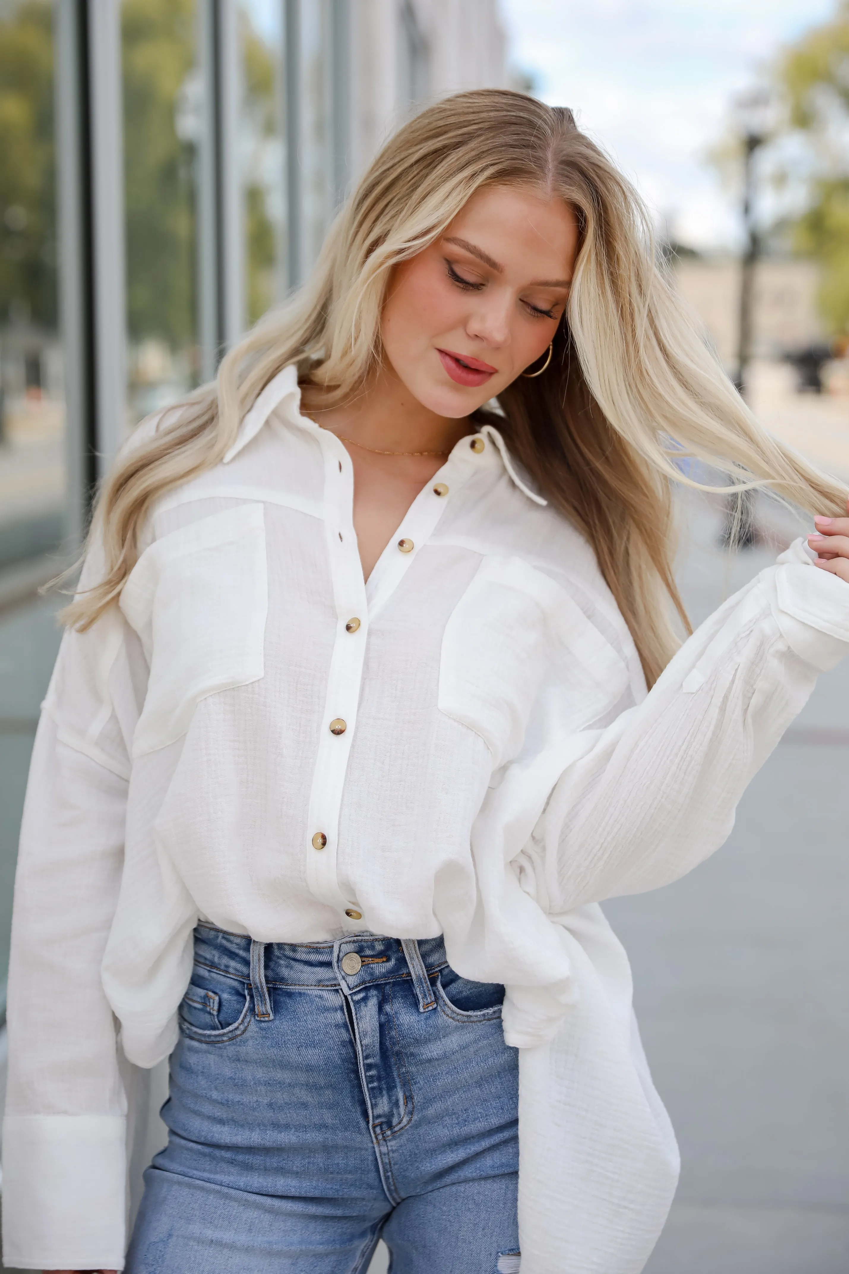 FINAL SALE - Adorable Attention White Linen Button-Up Blouse
