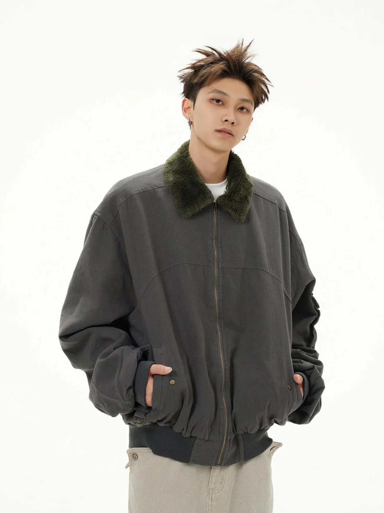 Fleece Lined Collar Zip-Up Bomber Jacket