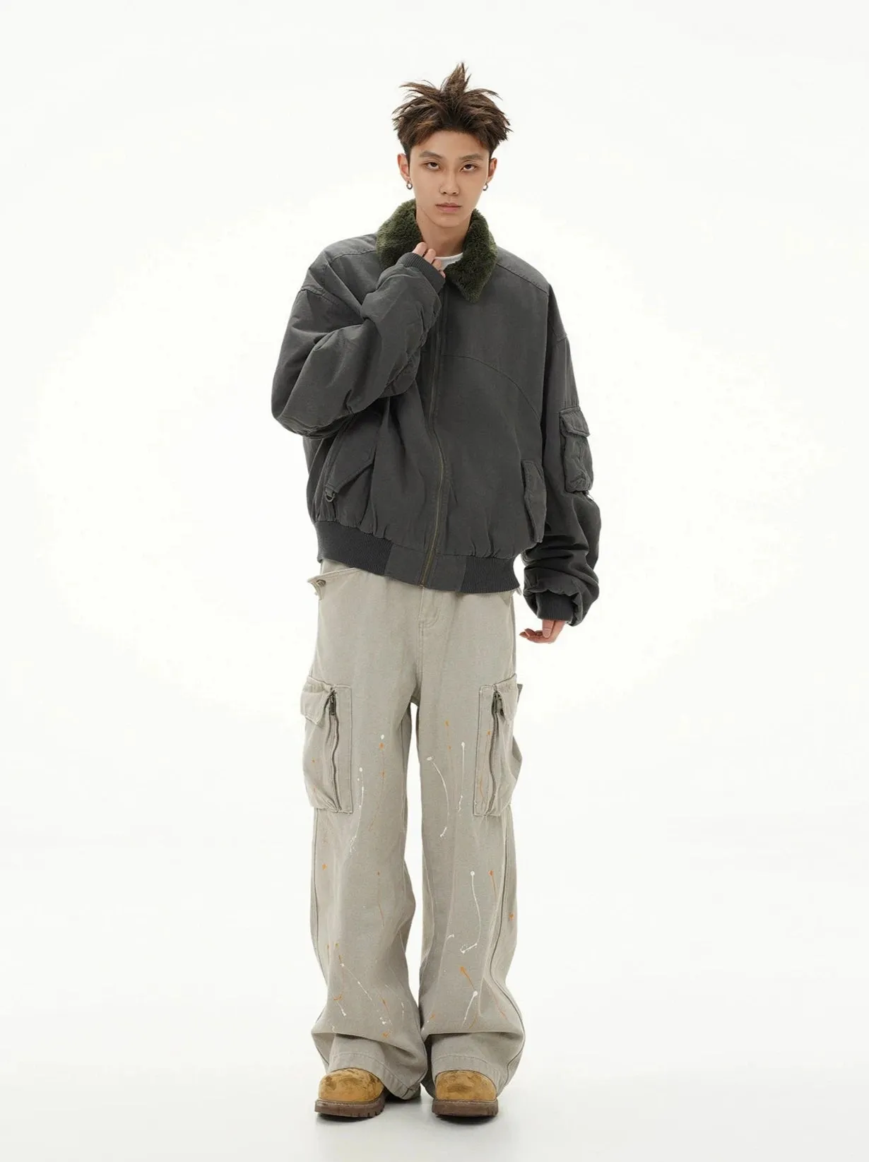 Fleece Lined Collar Zip-Up Bomber Jacket
