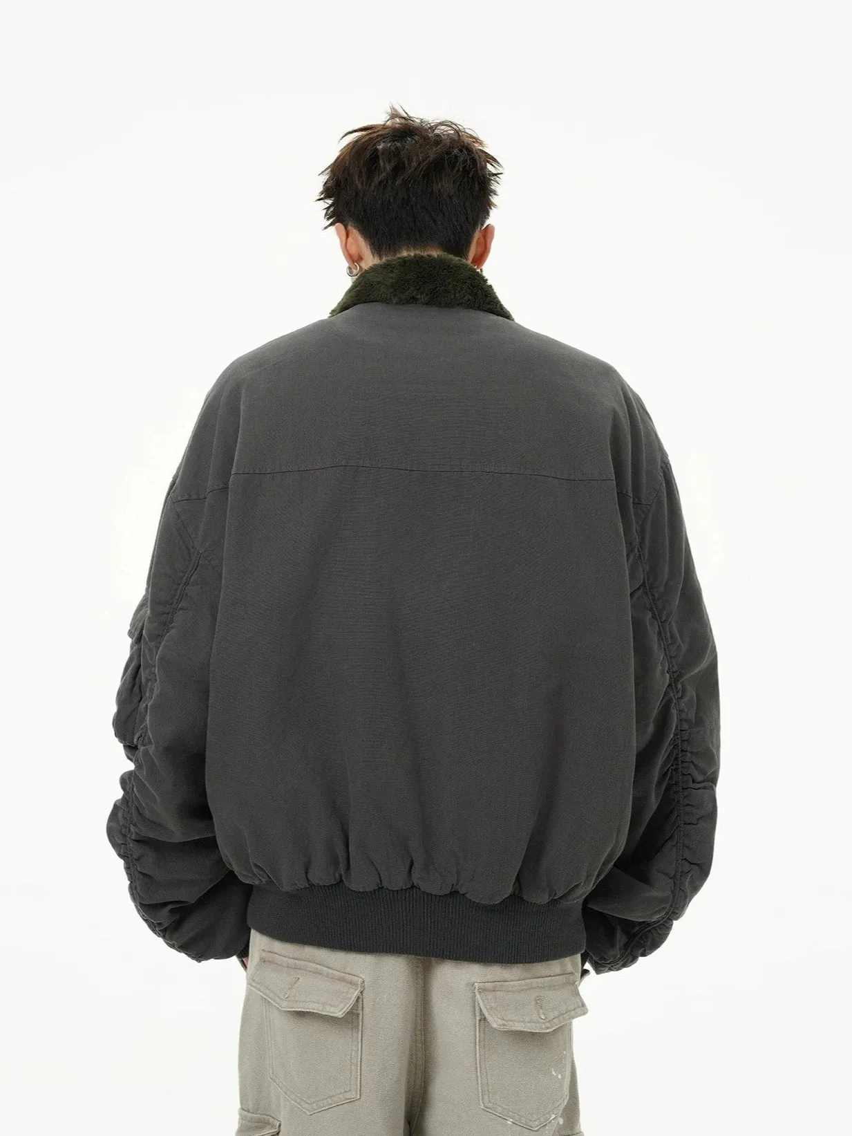 Fleece Lined Collar Zip-Up Bomber Jacket