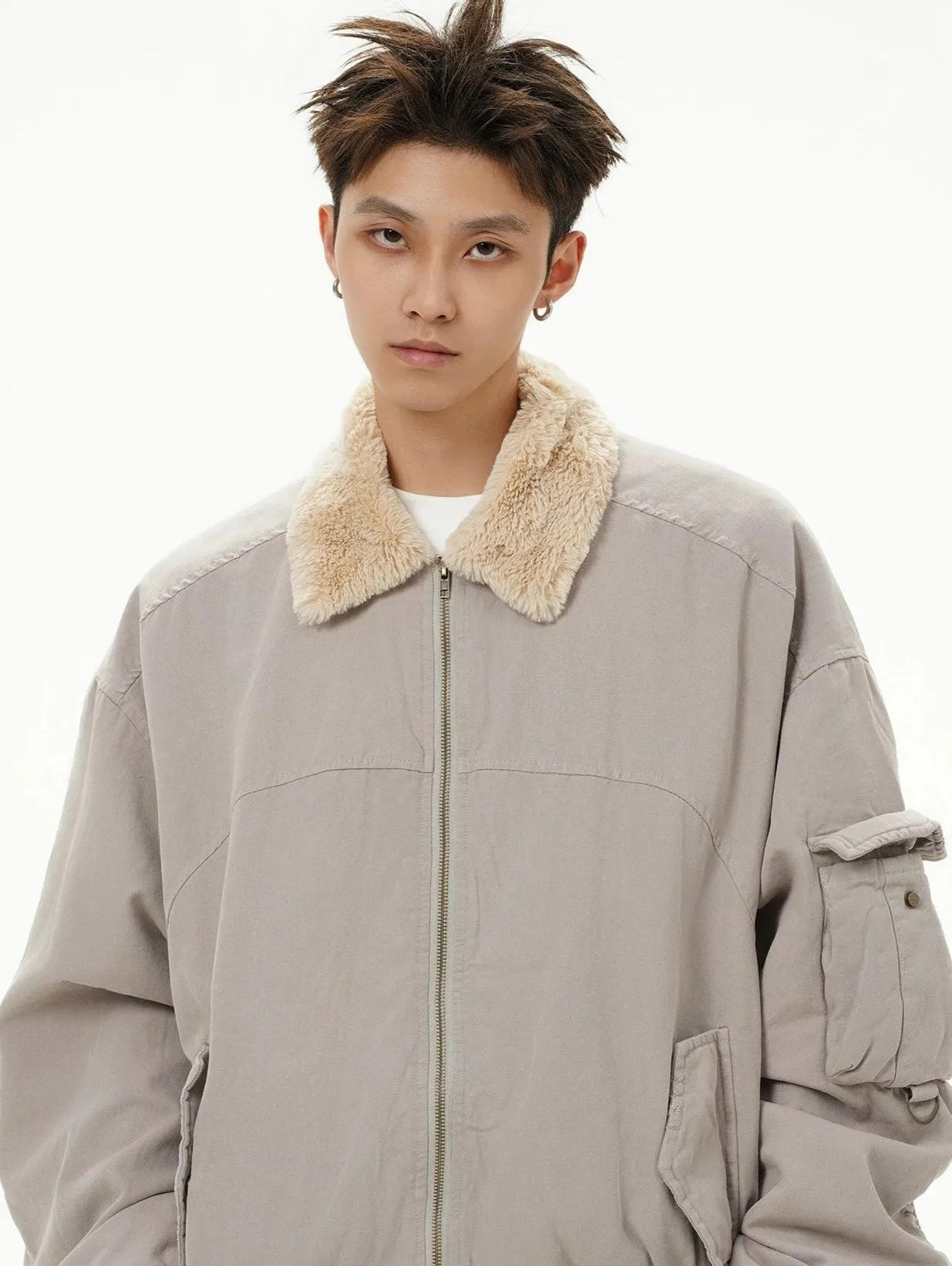 Fleece Lined Collar Zip-Up Bomber Jacket