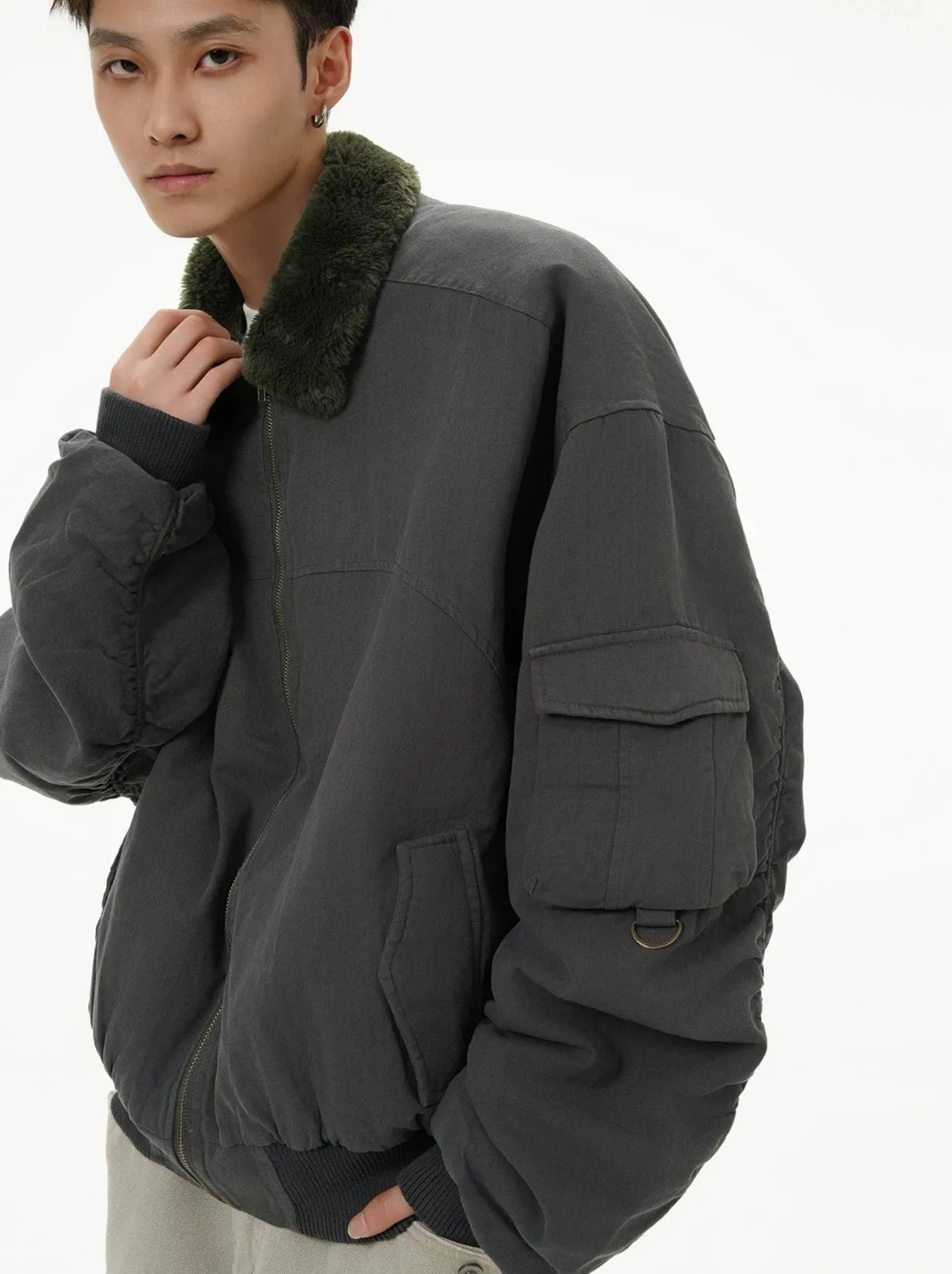 Fleece Lined Collar Zip-Up Bomber Jacket